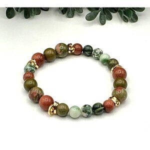 Natural Gemstone Bead Bracelet With Gold-Tone Accents stretch